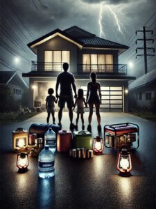 DALL·E 2024 07 03 11.12.31 A dramatic photo of a family during a blackout standing together outside their single story modern house with a flat roof. The scene is dark with onl